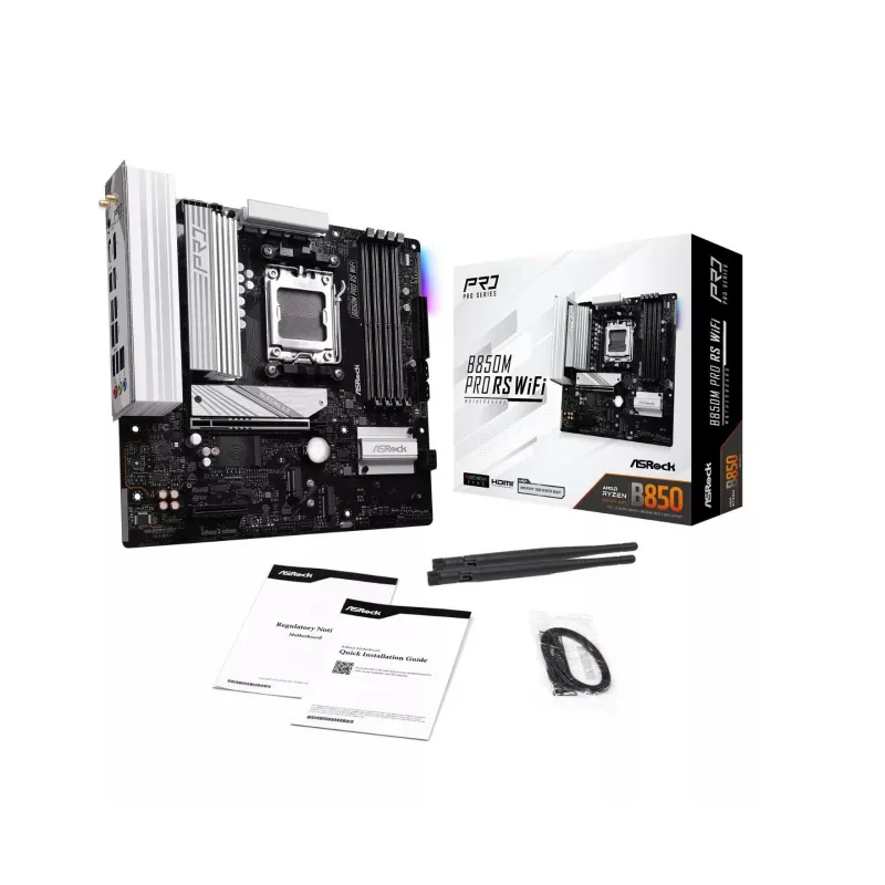 Placa base ASRock B850M Pro RS WiFi — AMD B850, socket AM5, microATX, DDR5, 4 DIMM, 256GB, Wi-Fi 6E, 2.5Gb LAN, 3x M.2