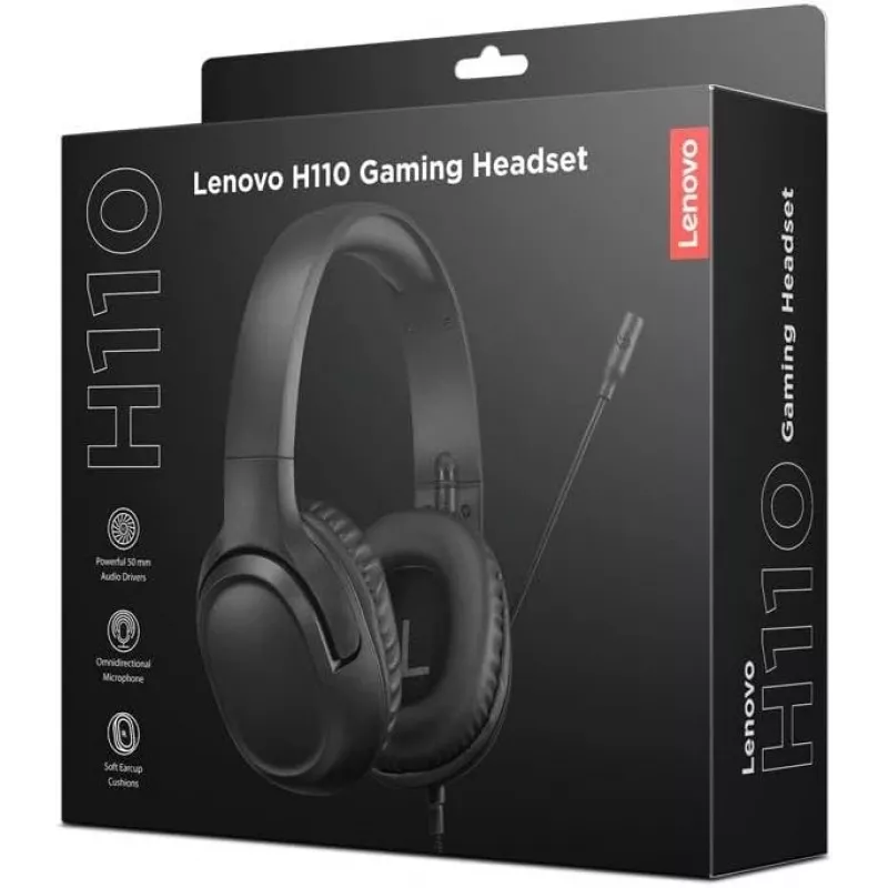 Lenovo H110 auriculares gaming GXD1P46879, con cable, 3,5 mm, micrófono integrado, controlador de 50 mm, 50 Hz-20 kHz, 32 Ω, negros