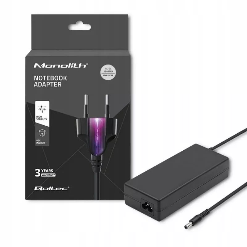 Qoltec 50797 fuente de alimentación de sobremesa 60 W, 12 V, 5 A, 5,5x2,1 mm, con cable de alimentación
