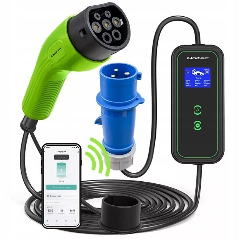 Cargador de coche EV móvil Qoltec ajustable 2en1 Type2 | 7kW | 230V | CEE 3 PIN | Wi-Fi | LCD | portátil | wallbox | 5m