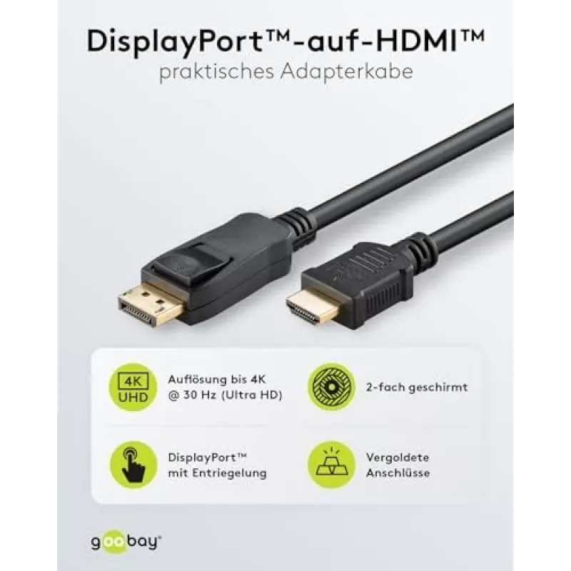 Cable Adaptador DisplayPort 1.2 a HDMI 1.4 4K @ 30Hz / Cable HDMI Ultra High Speed / Conector Macho Dorado para una Transmisión de Señal Impecable / Portátil