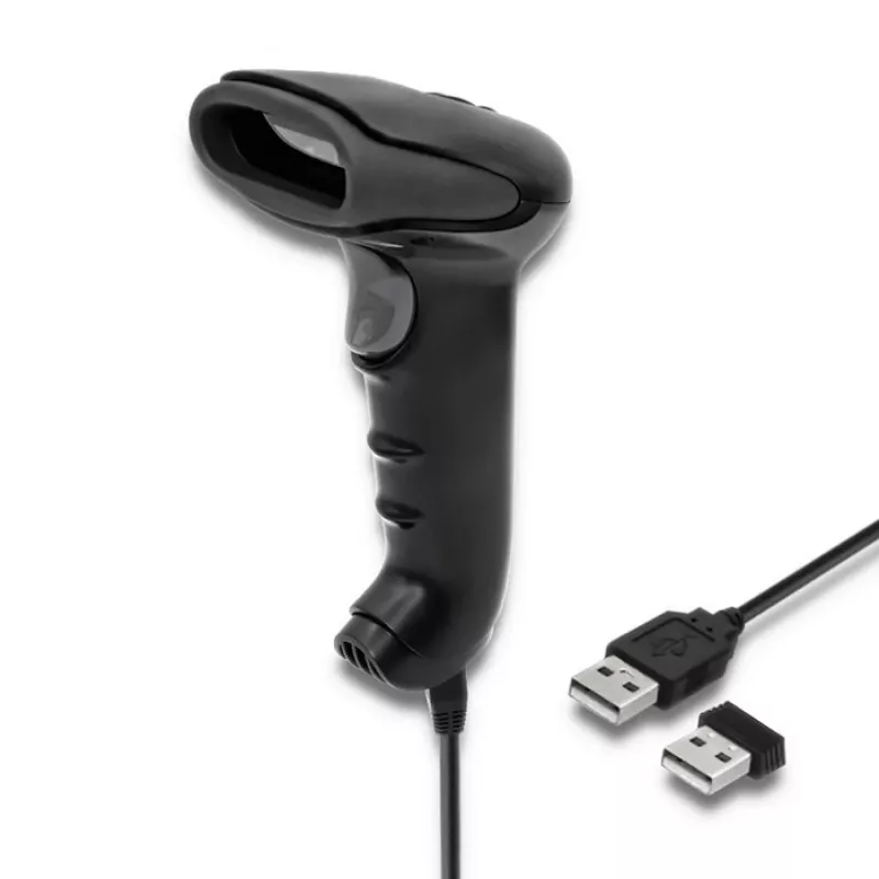 Lector de códigos de barras de mano QOLTEC 50868 — escáner láser 1D/2D, USB con cable e inalámbrico, distancia de trabajo 600 mm, negro