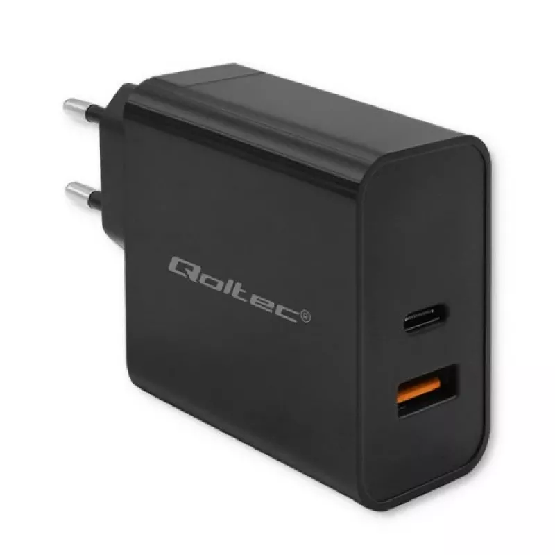 Qoltec 52380 Cargador Super Quick PD | 1xUSB-C | 1xUSB | 65W | 5-20V | 1,5-3,25A | negro