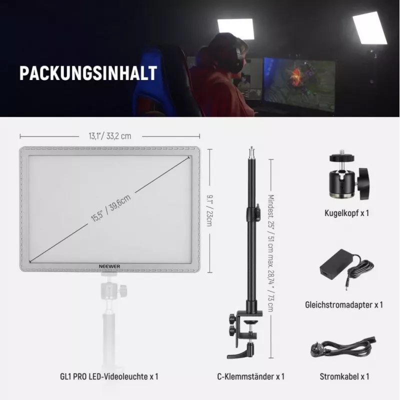 Lámpara LED Neewer GL1 Pro 2900–7000K luz de estudio portátil bi-color con temperatura de color ajustable