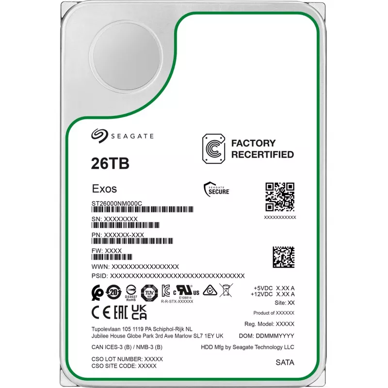 Seagate Exos ST26000NM000C-FR disco duro de 26 TB 3,5 pulgadas SATA-600, 7200 rpm, Factory Refurbished
