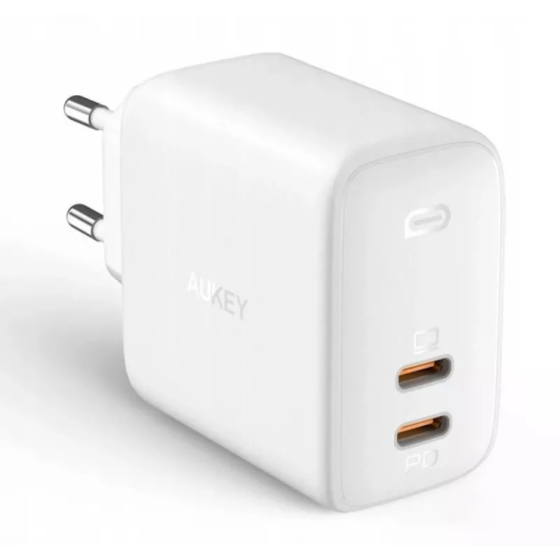 Cargador de pared Aukey PA-B4 2x USB blanco GaN – fuente de alimentación USB compacta con dos puertos USB