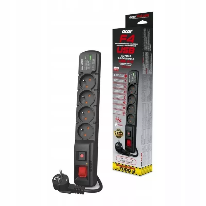Cable de protección contra sobretensiones Acar F4 USB A+C (cargador rápido) 5m ; negro