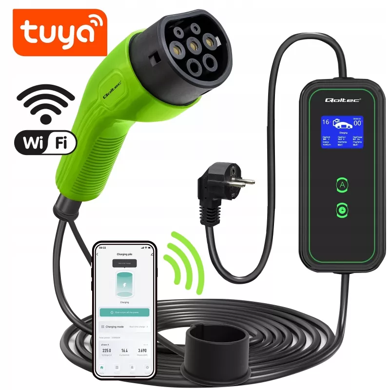 Cargador de coche EV móvil Qoltec ajustable 2en1 Type2 | 3.5kW | 230V | Wi-Fi | LCD | portátil | wallbox | 5m