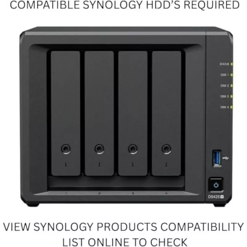 Servidor de almacenamiento NAS SYNOLOGY DS425+ — 4-Bay, Intel Celeron J4125 2,0–2,7 GHz, 2 GB DDR4, 0 TB, 2,5GbE, 2 ranuras M.2