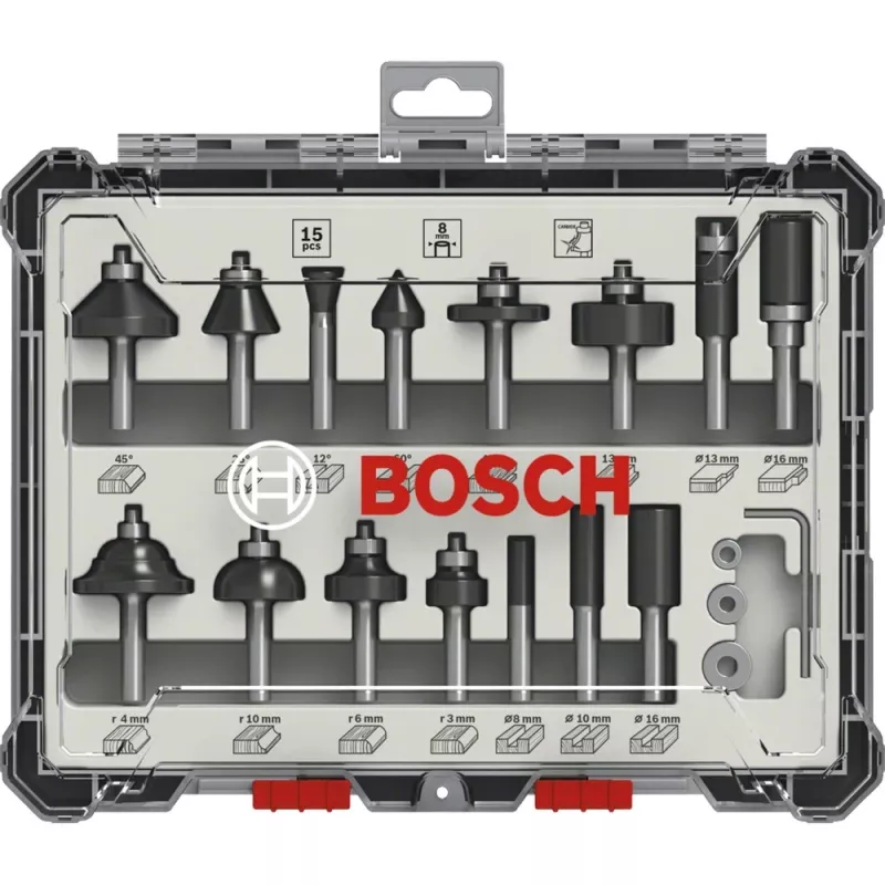 Bosch 2 607 017 472 Juego de fresas, 15 piezas, vástago de 8 mm
