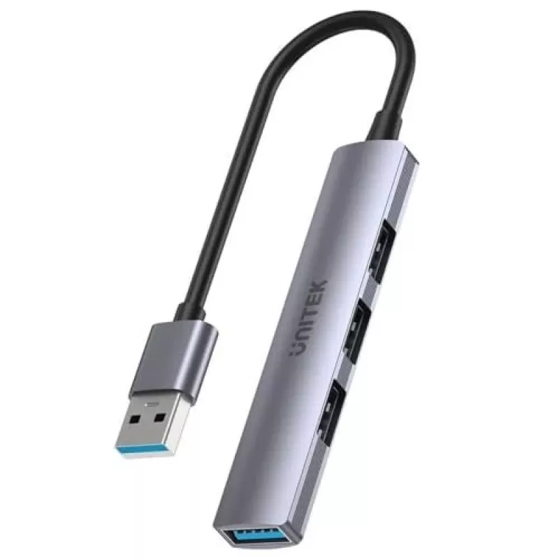 Unitek H1208A hub USB-A, 4 puertos (1x USB-A 5 Gbps, 3x USB-A 2.0), aluminio, plateado