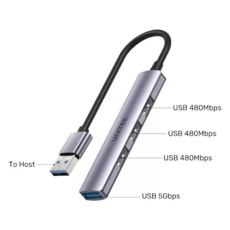 Unitek H1208A hub USB-A, 4 puertos (1x USB-A 5 Gbps, 3x USB-A 2.0), aluminio, plateado