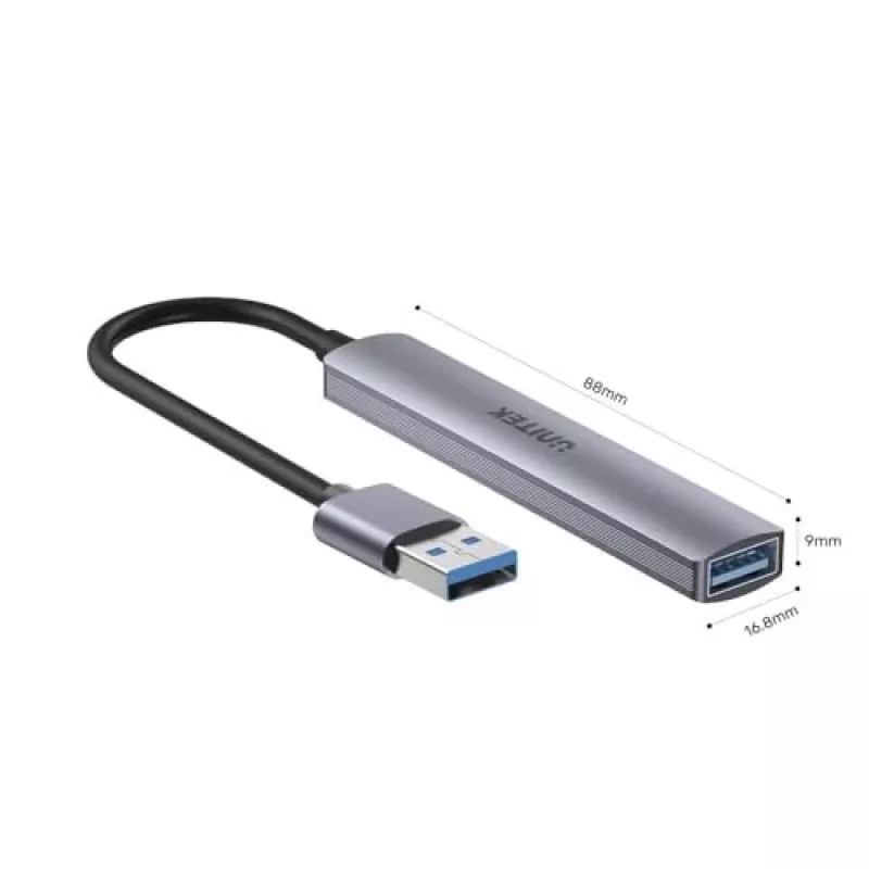 Unitek H1208A hub USB-A, 4 puertos (1x USB-A 5 Gbps, 3x USB-A 2.0), aluminio, plateado