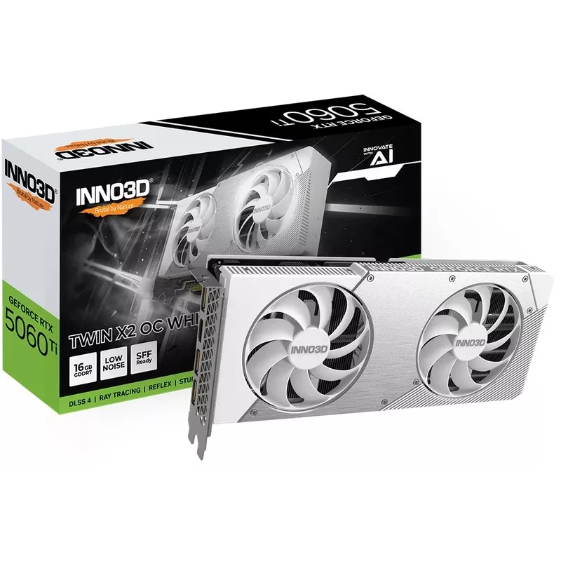 Tarjeta gráfica Inno3D GeForce RTX 5060 Ti — 16 GB GDDR7, PCIe 5.0, 448 GB/s, 250 mm, 2 ranuras, blanco