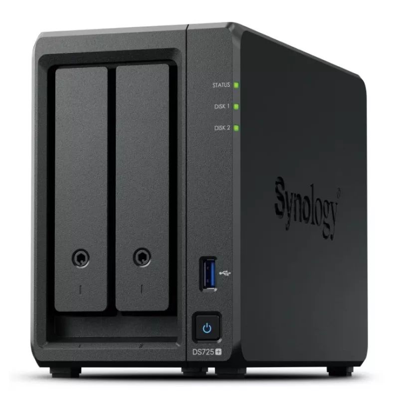 NAS Synology DiskStation DS725+ 2-Bay Ryzen R1600 4GB DDR4 ECC, 2.5GbE, 2x M.2, compatibilidad RAID, 0TB, negro