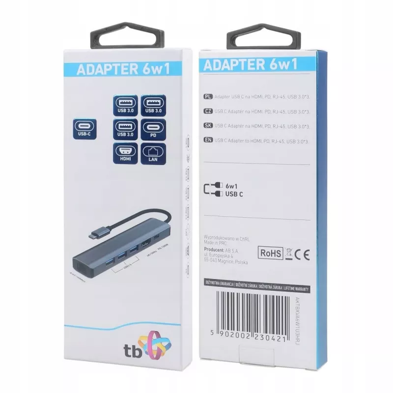 Adaptador HUB USB C 6en1 - HDMI, USBx3, PD, RJ-45