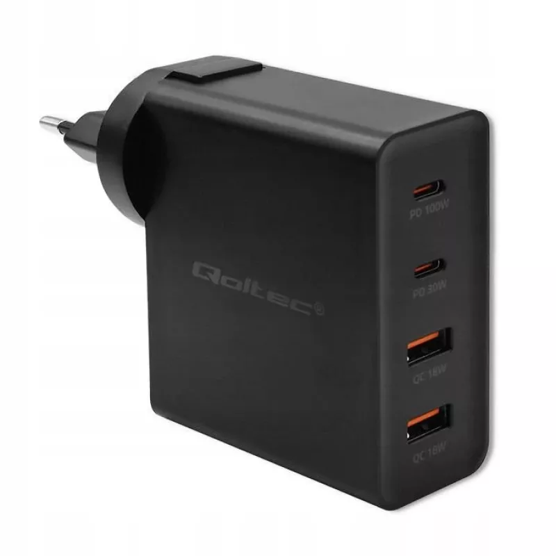 Qoltec Cargador GaN POWER PRO | 2xUSB-C | 2xUSB | 130W | 5-20V | 1.5-5A | XP | negro