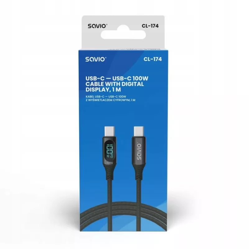 Savio CL-174 cable USB-C a USB-C, 100 W, Power Delivery/Quick Charge, pantalla digital, 1 m, verde