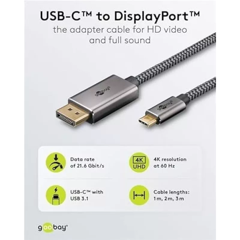 Goobay 75705 cable de USB-C a DisplayPort, 4K 60 Hz, 2 m, 21,6 Gbit/s, negro