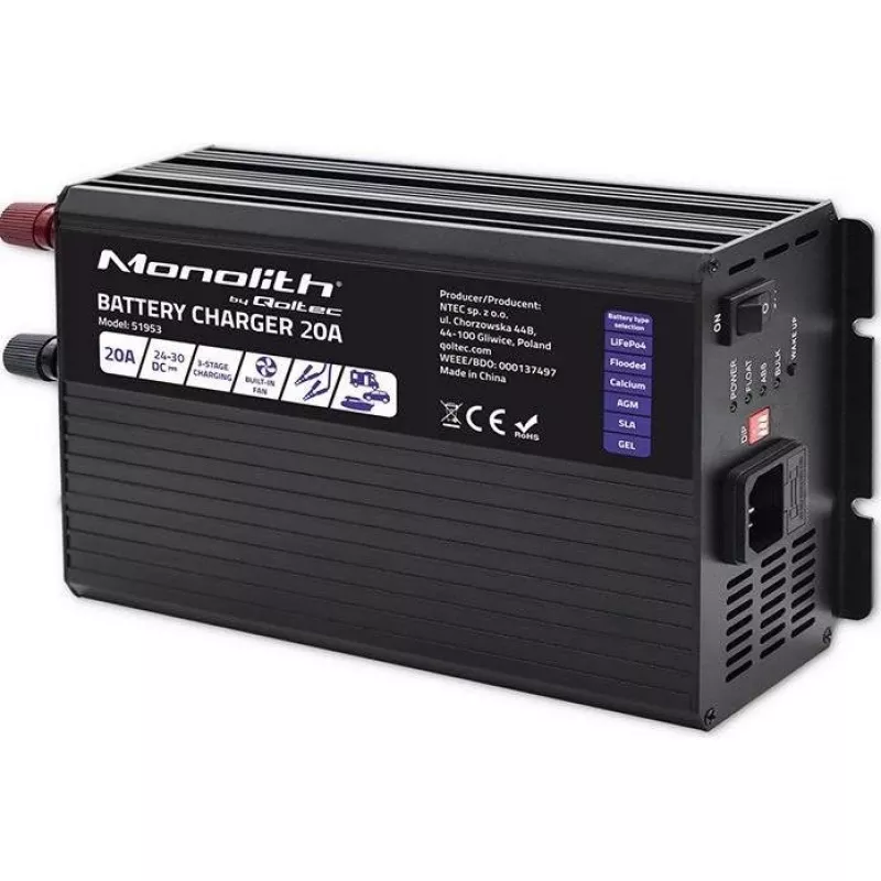 Cargador de baterías inteligente Qoltec Smart Monolith para baterías LiFePO4 AGM GEL SLA | 20A | 24V