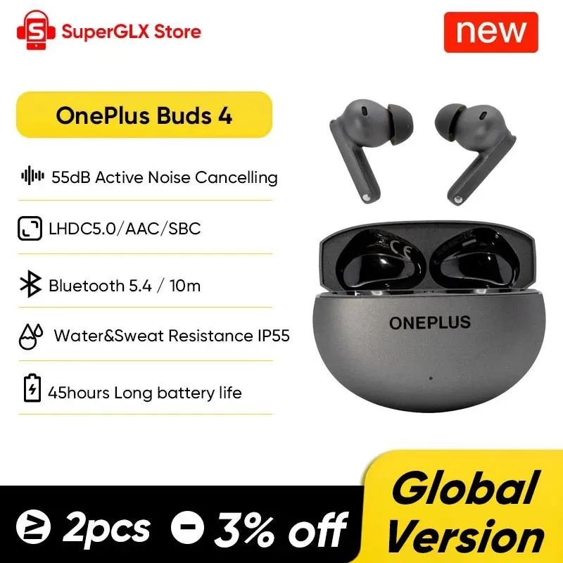 Global Version OnePlus Buds 4 True Wireless Auriculares con cancelación de ruido AI para llamadas 55dB Largo alcance IP55 resistentes al agua portátiles