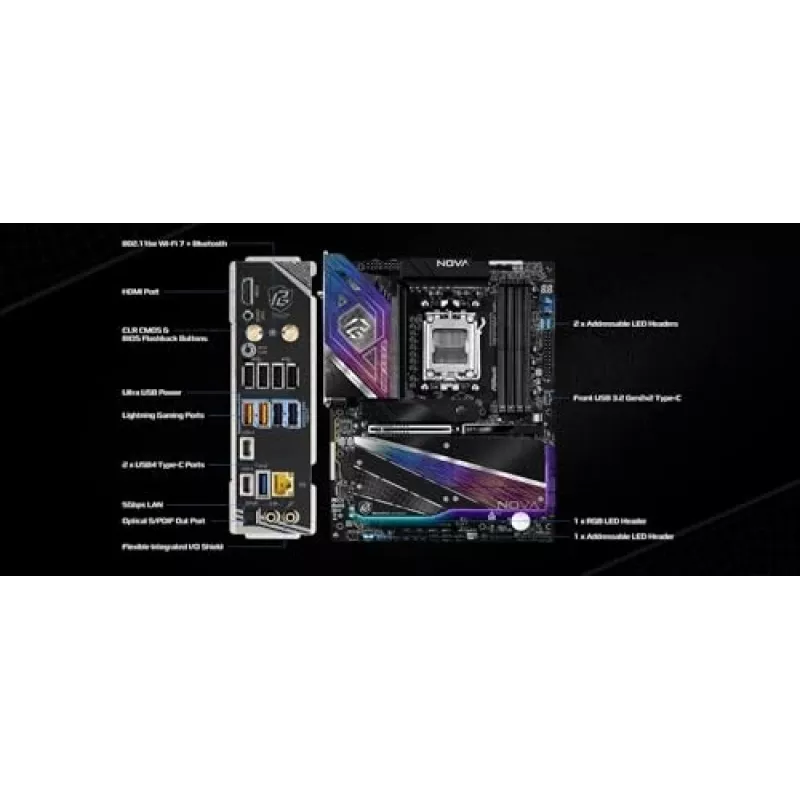 Placa base ASRock X870 NOVA WIFI — AMD X870, zócalo AM5, ATX, 4× DIMM DDR5, 256 GB, Wi-Fi 7, 2,5 GbE