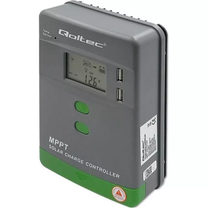 Qoltec, Regulador de carga solar MPPT con sensor de temperatura 20A 12V/24V Pantalla LCD 2 X USB