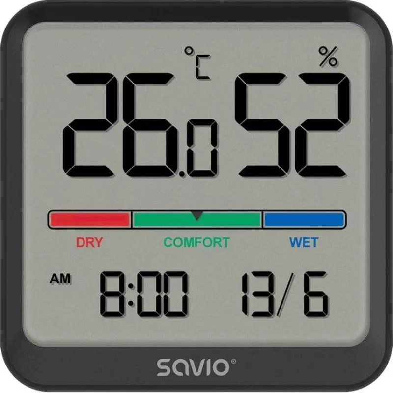 Savio CT-01/B sensor inalámbrico de temperatura y humedad para interior, LCD, reloj, fecha, soporte magnético, negro