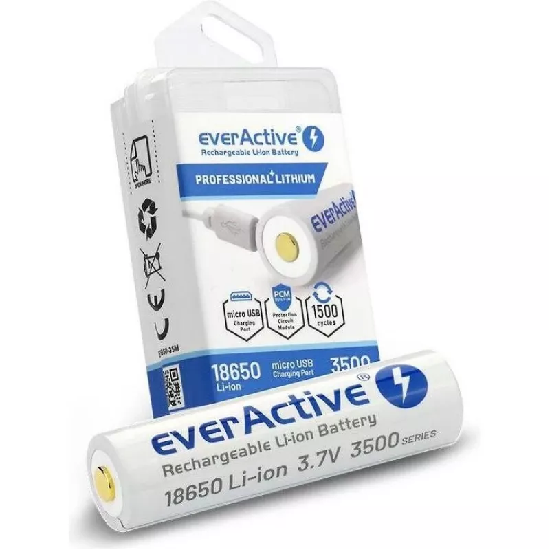 Batería Li-Ion 18650 3,7V everActive 3500mAh (1 ud.) micro-USB con protección