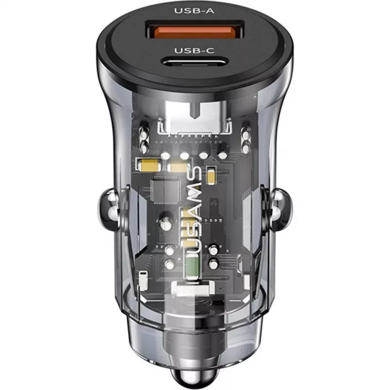 Cargador de coche usams CC164CC01 30W con 1×USB-A y 1×USB-C para carga rápida