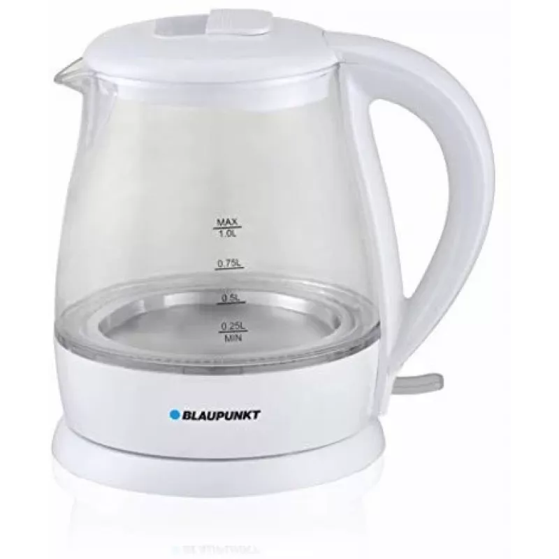 Hervidor eléctrico BLAUPUNKT 1 L 1630 W blanco — cuerpo de cristal, base 360°, apertura por botón