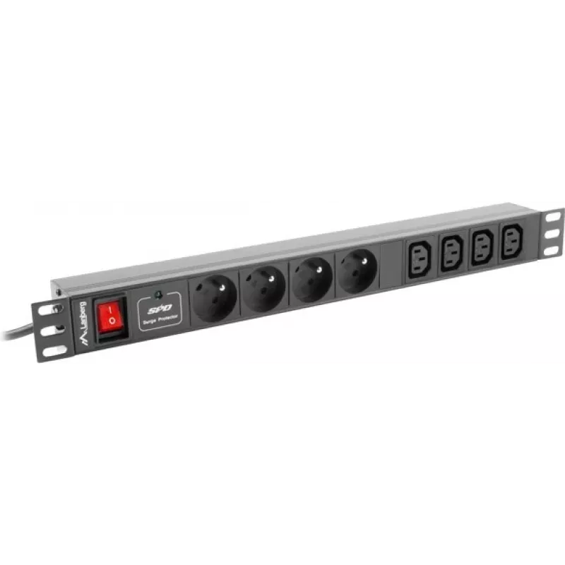 Lanberg PDU-04E04I-0200-IEC-BK PDU para rack 1U, 4x tipo E + 4x IEC C13, 10 A, 2 m, negro