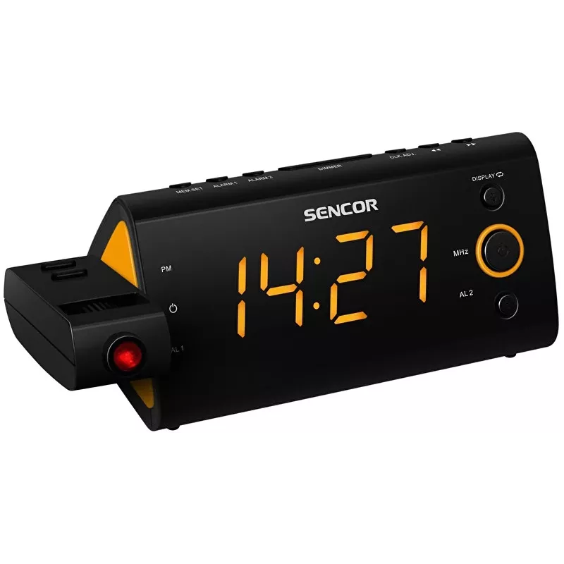 Radio reloj SENCOR SRC 330 OR — radio reloj FM con pantalla LED de 1,2 pulgadas, doble alarma, proyección roja 180°, temperatura interior, respaldo de batería