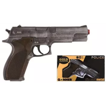Pistola de dardos de juguete Pulio Police gun metal GONHER 45/1 15545/1 — acabado metálico, arma de juguete de un solo disparo