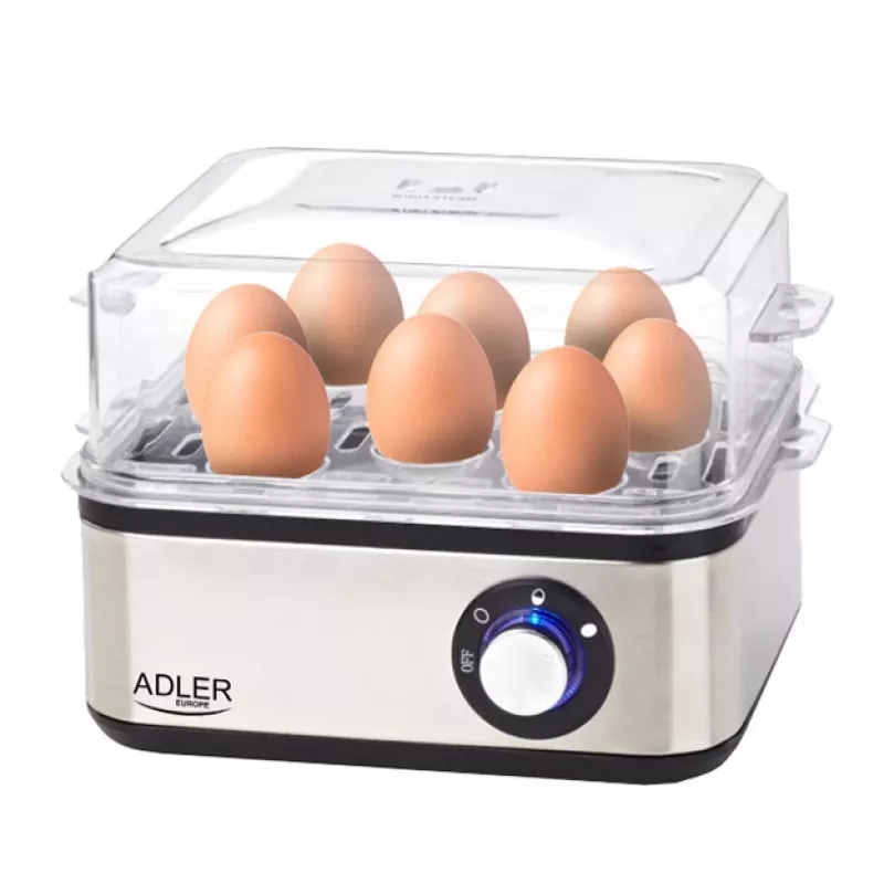 Huevera Adler AD 4486 — capacidad para 8 huevos, 800 W, acero satinado negro con tapa transparente