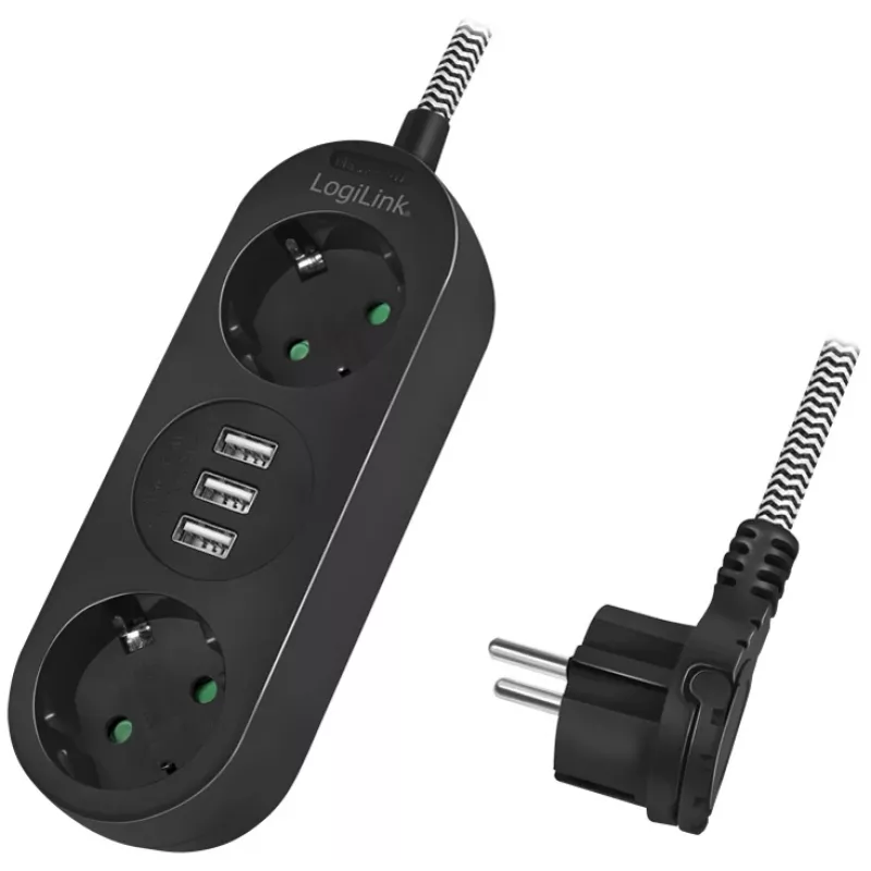 Alargador de corriente LogiLink LPS262U 1,5 m 2 tomas AC interior negro