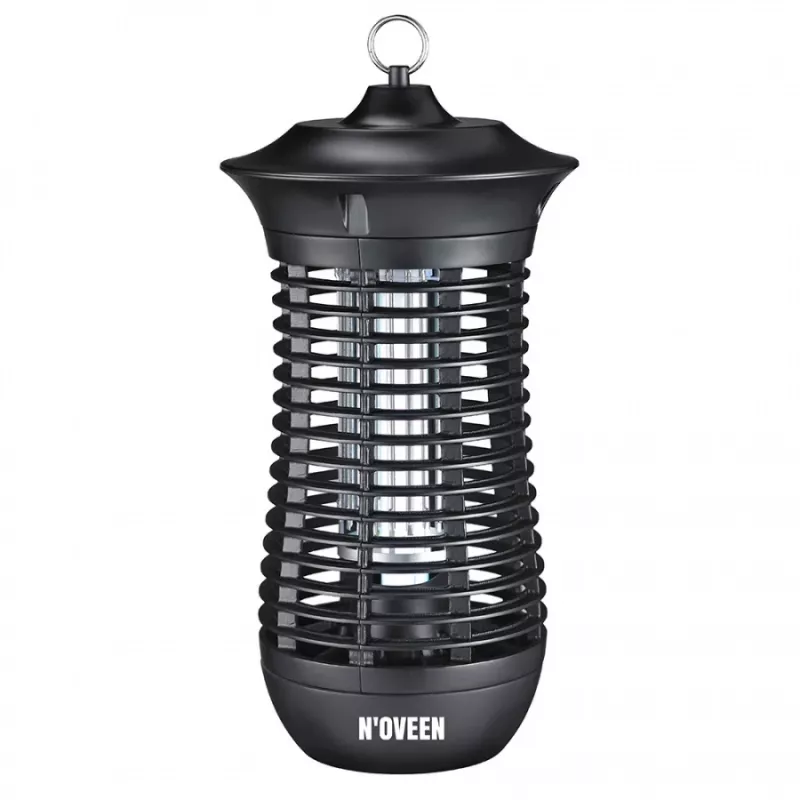 Lámpara eléctrica matainsectos NOVEEN IKN18 IPX4 — tubo UVA de 18 W, cobertura de 100 m², 1700–1800 V, interior/exterior, colgable, metal, negra