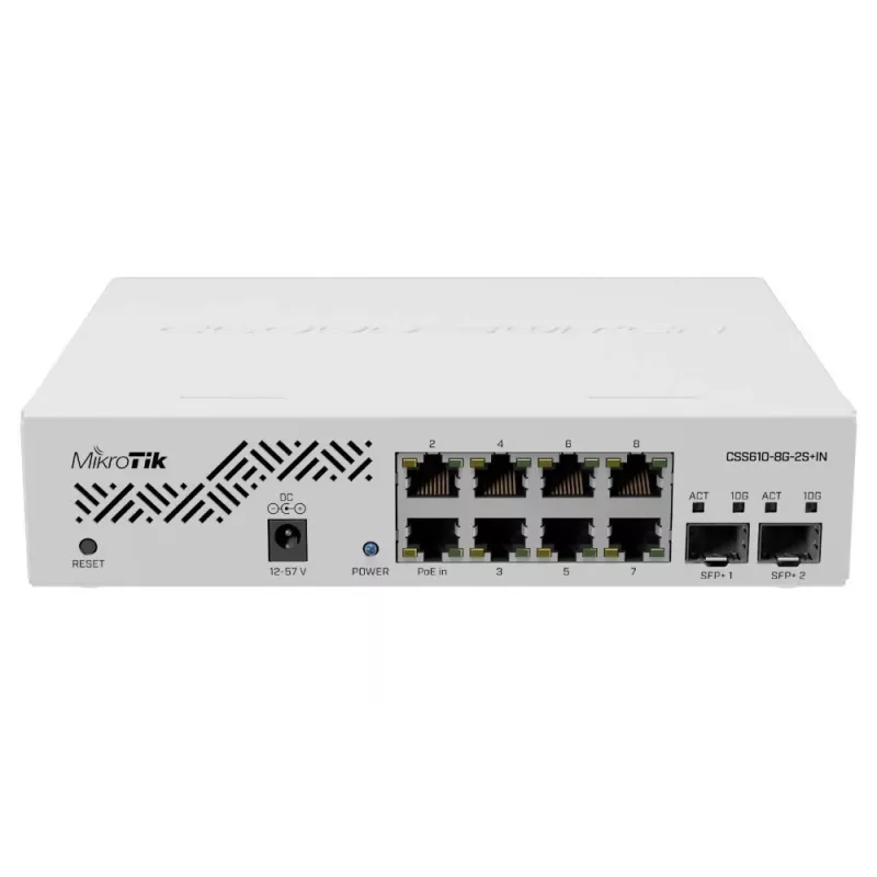 Switch de red MikroTik CSS610-8G-2S+IN — 8x Gigabit RJ-45, 2x SFP+ 10G, PoE, entrada 12–57V