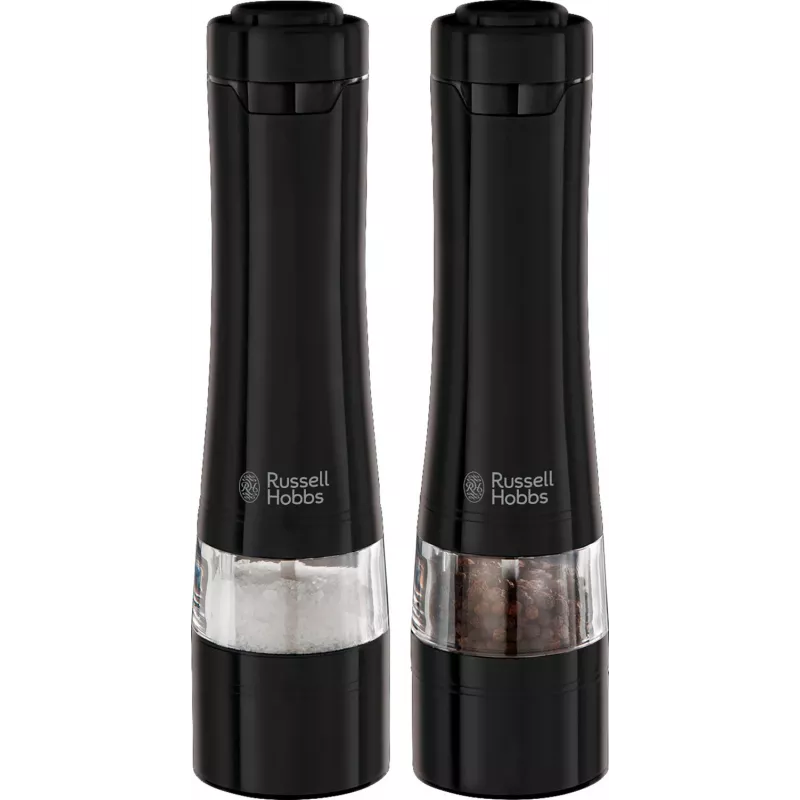 Juego de molinillos de sal eléctricos Russell Hobbs 28010-56 (alta calidad, automático, molienda ajustable, luz en la base, diseño metal negro) Molinillo de pimienta