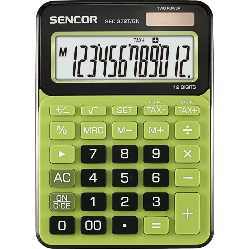 Calculadora de sobremesa SENCOR SEC 372GN LCD de 12 dígitos, operaciones básicas, alimentación solar y por pilas