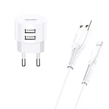Cargador usams T20 2x USB 2.1A con cable Lightning – cargador de pared USB portátil