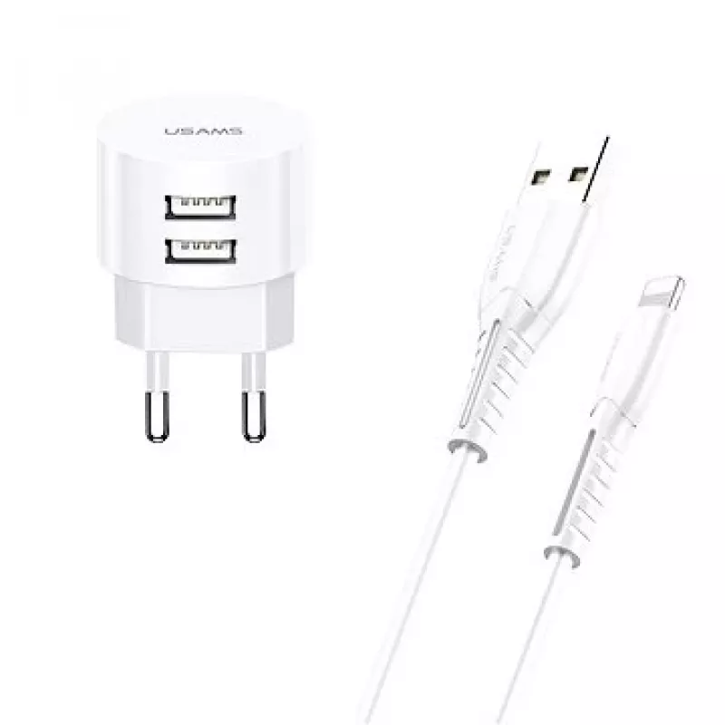 Cargador usams T20 2x USB 2.1A con cable Lightning – cargador de pared USB portátil