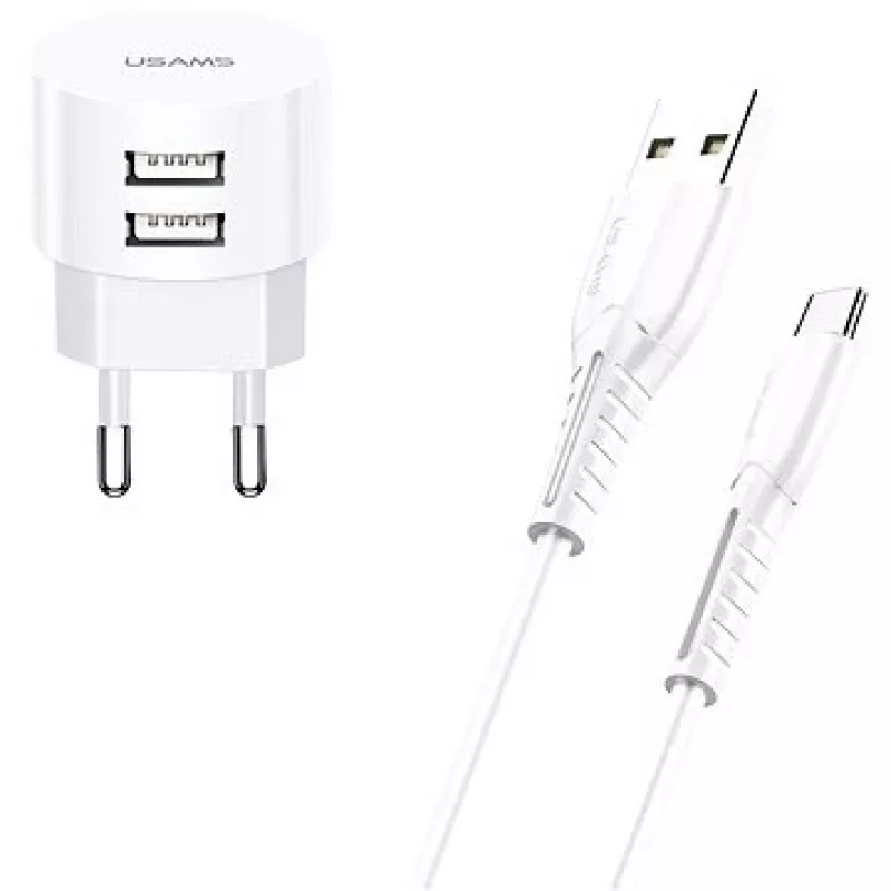 Cargador usams XTXLOGT18TC05 con 2 conectores USB y cable USB‑C integrado, salida 2,1A