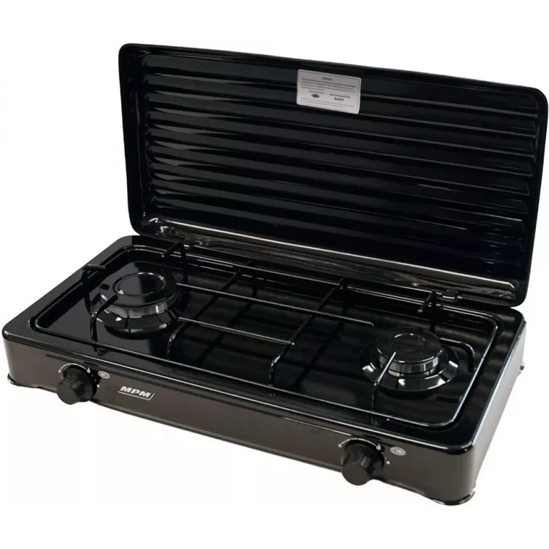 Mpm Kn-02/1kb cocina de gas portátil camping 2 quemadores parrilla esmaltada tapa protectora estándar G30-37 Mbar negro