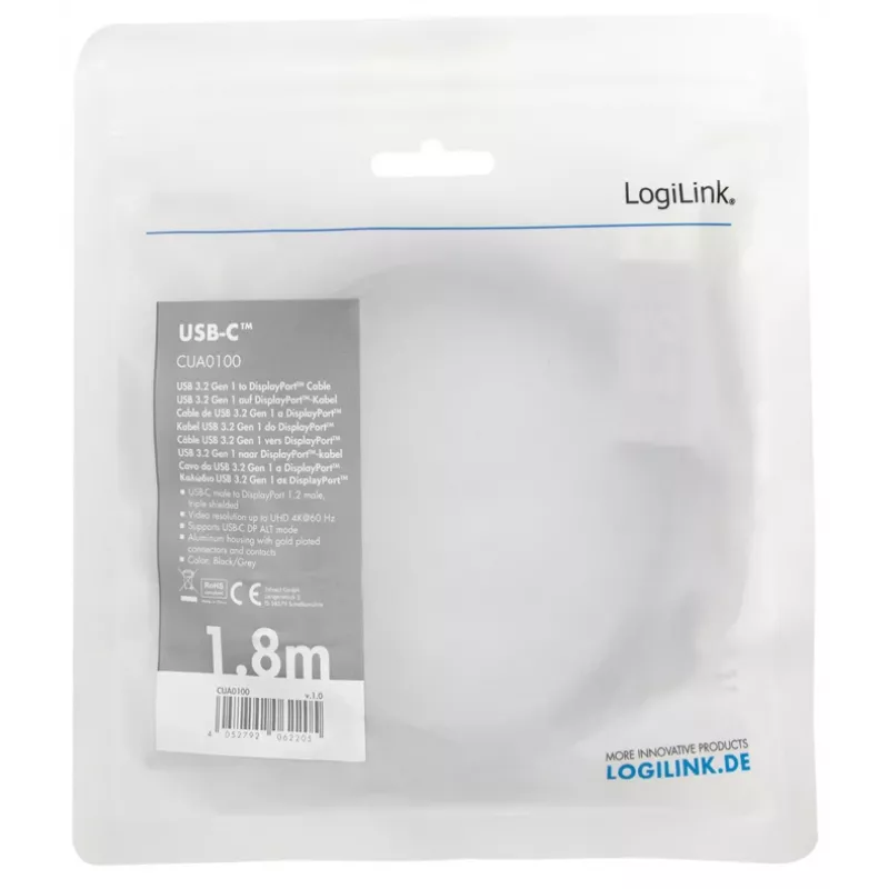 LogiLink CUA0100 Adaptador de cable DisplayPort USB 3.2 Gen1 Type-C 1,8m Negro Gris