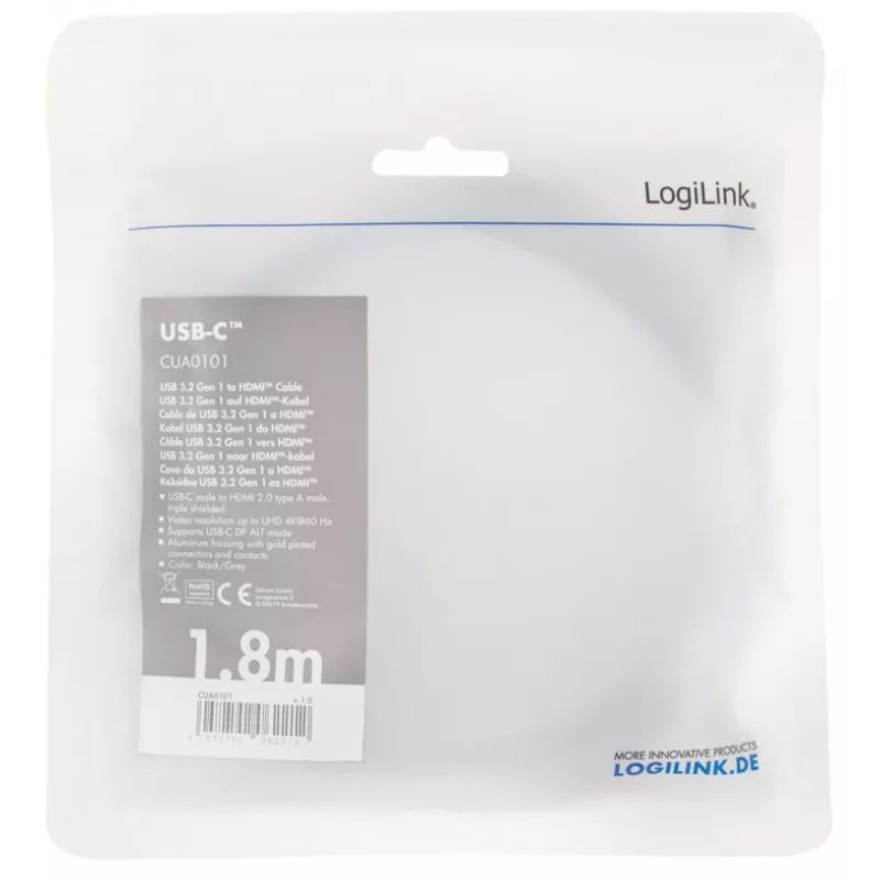 LogiLink CUA0101 Cable USB 3.2 Gen1 Type-C a HDMI-A 1,8 m Negro Gris