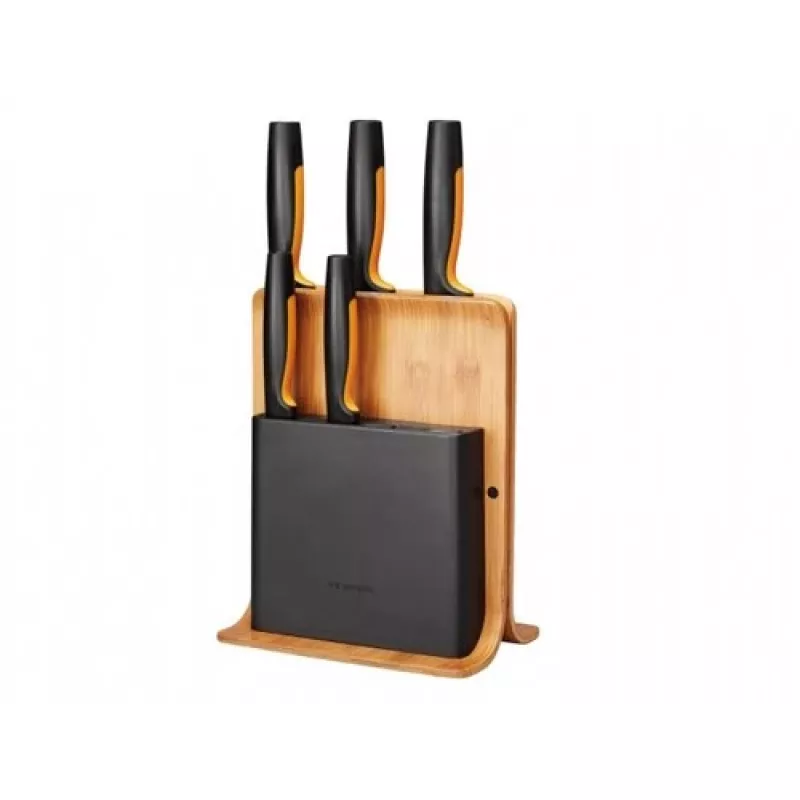 Fiskars Functional Form 1057552 juego de cuchillos con bloque de bambú, 5 cuchillos, acero inoxidable, negro/naranja