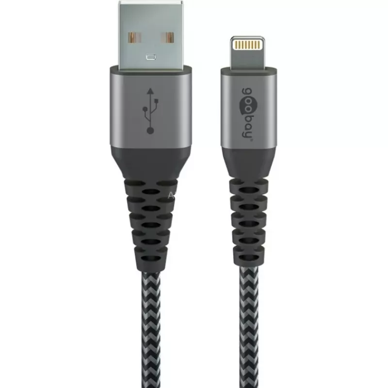 Goobay 49268 cable textil de Lightning a USB-A con conectores metálicos, MFi, 1 m, gris espacial/plata