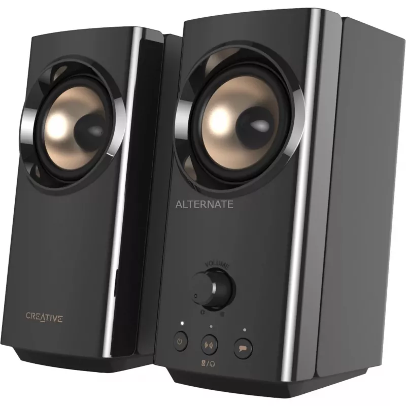 Altavoces de escritorio compactos Hi-Fi CREATIVE T60 2.0 con diálogo claro y sonido envolvente mediante Sound Blaster SmartComms Kit, conexiones de audio USB-C, micrófono y auriculares B