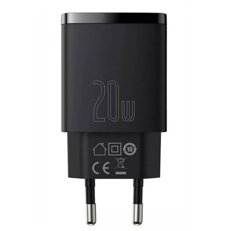 Cargador rápido USB de interior Baseus CCXJ-B01 – 2 puertos (USB-C PD 20W + USB-A QC3.0 18W), 100–240 V, negro